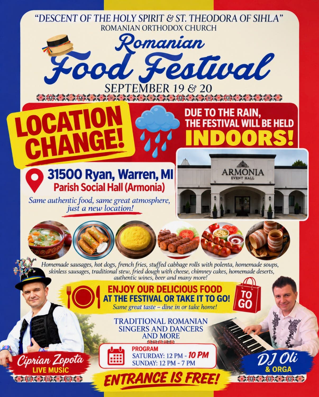 2026 Romanian Food Festival poster: September 19–20, held indoors due to rain at Armonia Event Hall, Warren, MI; free entrance